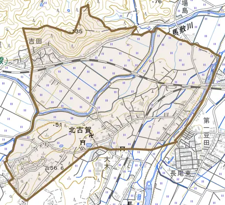 北古賀とその周辺の地図。町の範囲を重ねている