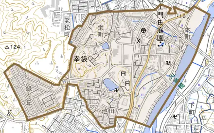幸袋とその周辺の地図。町の範囲を重ねている