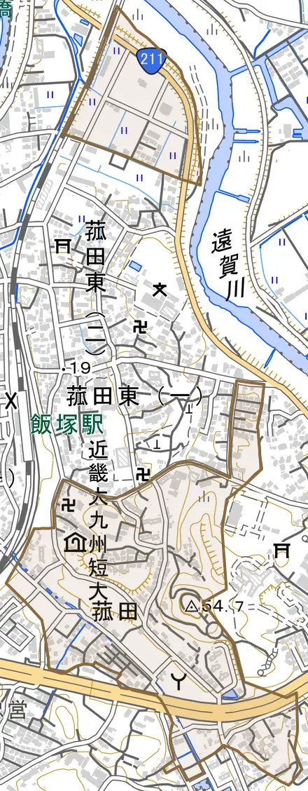 菰田とその周辺の地図。町の範囲を重ねている