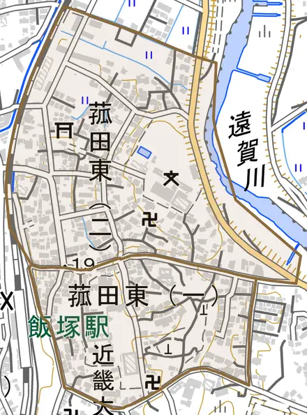 菰田東とその周辺の地図。町の範囲を重ねている