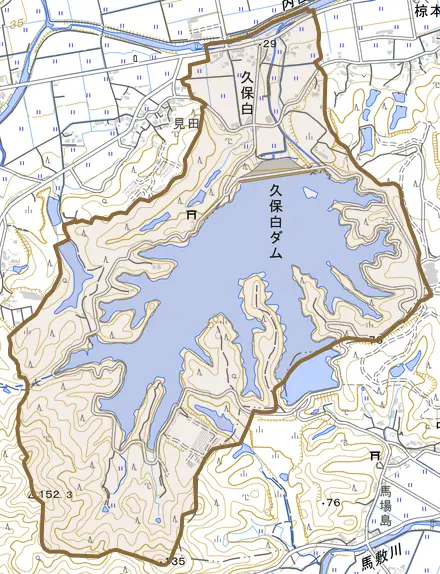 久保白とその周辺の地図。町の範囲を重ねている