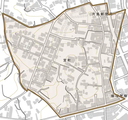 宮町とその周辺の地図。町の範囲を重ねている