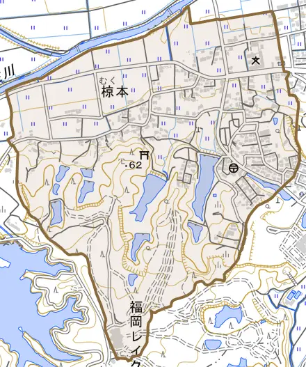 椋本とその周辺の地図。町の範囲を重ねている