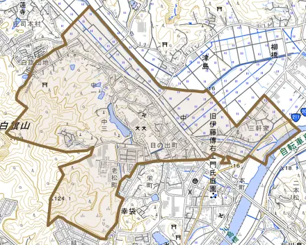 中とその周辺の地図。町の範囲を重ねている