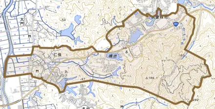 仁保とその周辺の地図。町の範囲を重ねている