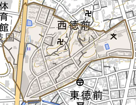 西徳前とその周辺の地図。町の範囲を重ねている