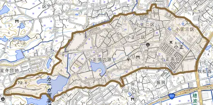 小正とその周辺の地図。町の範囲を重ねている