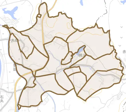 勢田とその周辺の地図。町の範囲を重ねている