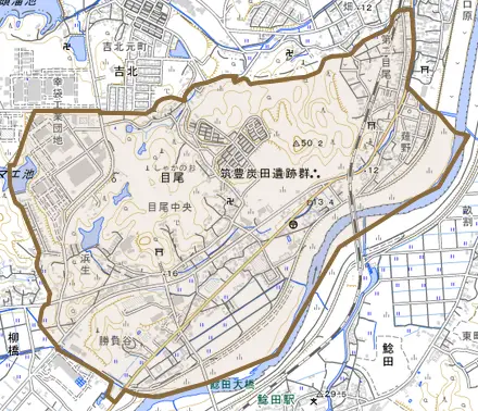 目尾とその周辺の地図。町の範囲を重ねている