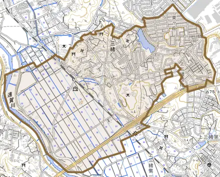 下三緒とその周辺の地図。町の範囲を重ねている