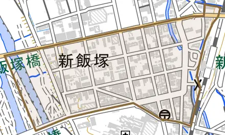 新飯塚とその周辺の地図。町の範囲を重ねている