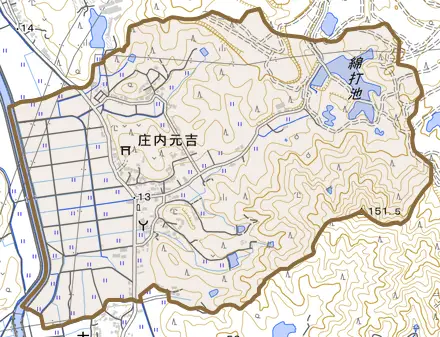 庄内元吉とその周辺の地図。町の範囲を重ねている