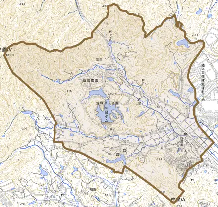 庄司とその周辺の地図。町の範囲を重ねている