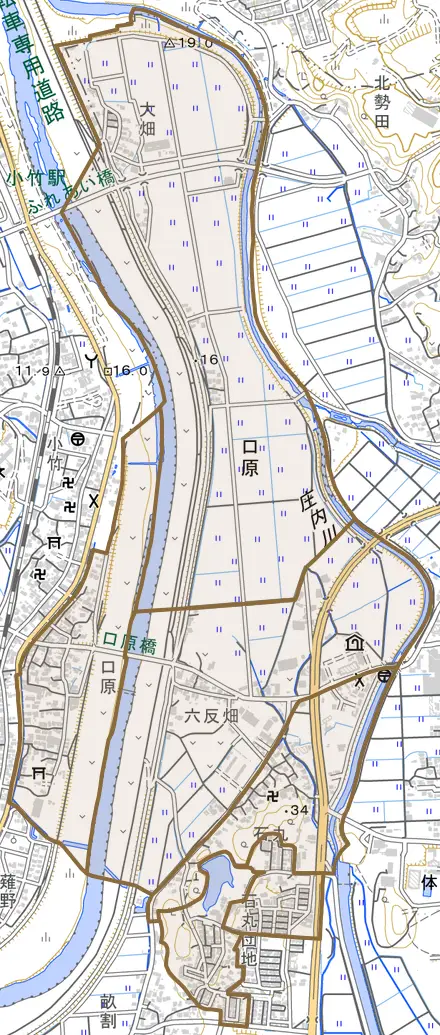 口原とその周辺の地図。町の範囲を重ねている