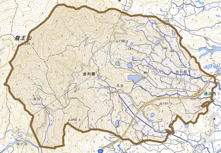 舎利蔵とその周辺の地図。町の範囲を重ねている