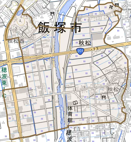 秋松とその周辺の地図。町の範囲を重ねている