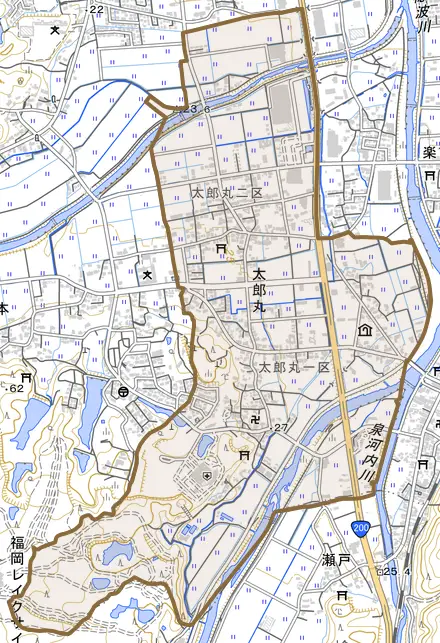 太郎丸とその周辺の地図。町の範囲を重ねている