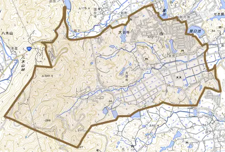 大日寺とその周辺の地図。町の範囲を重ねている