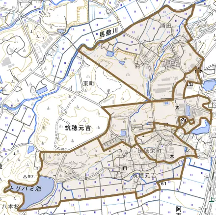 筑穂元吉とその周辺の地図。町の範囲を重ねている