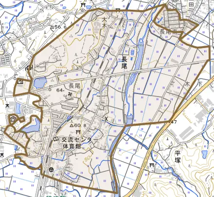 長尾とその周辺の地図。町の範囲を重ねている