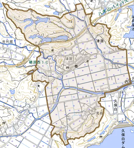 津原とその周辺の地図。町の範囲を重ねている