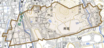 南尾とその周辺の地図。町の範囲を重ねている