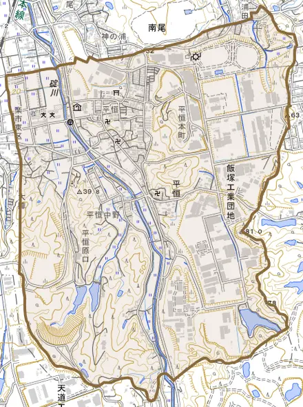 平恒とその周辺の地図。町の範囲を重ねている