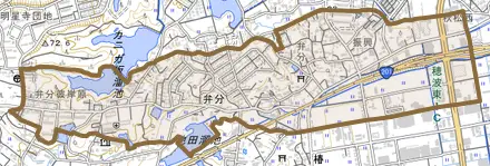 弁分とその周辺の地図。町の範囲を重ねている