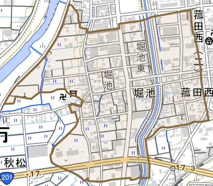 堀池とその周辺の地図。町の範囲を重ねている