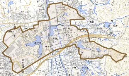 有安とその周辺の地図。町の範囲を重ねている