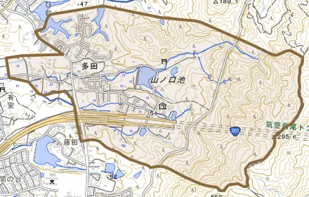 多田とその周辺の地図。町の範囲を重ねている