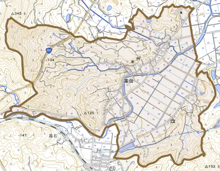 高田とその周辺の地図。町の範囲を重ねている