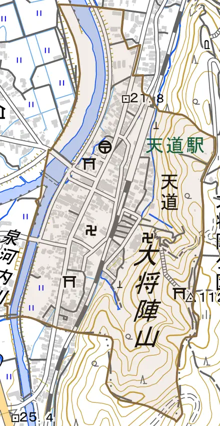 天道とその周辺の地図。町の範囲を重ねている