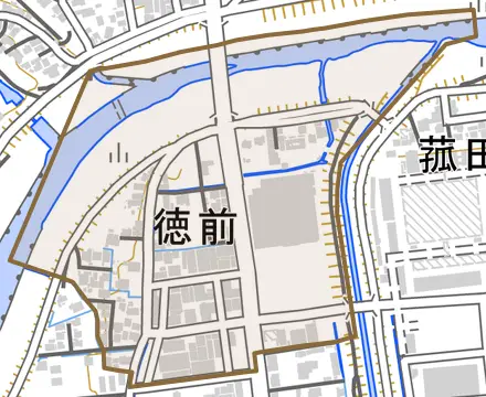 徳前とその周辺の地図。町の範囲を重ねている
