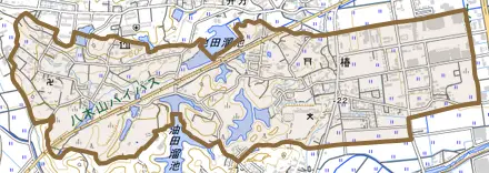 椿とその周辺の地図。町の範囲を重ねている