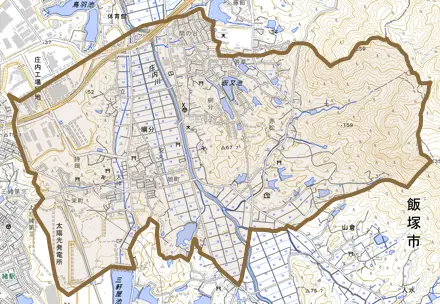 綱分とその周辺の地図。町の範囲を重ねている
