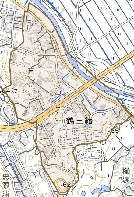鶴三緒とその周辺の地図。町の範囲を重ねている