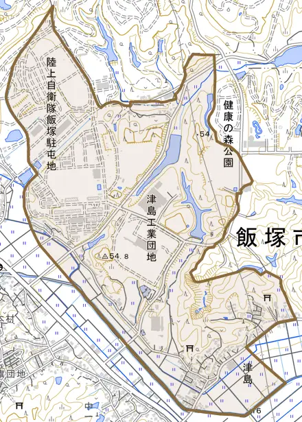 津島とその周辺の地図。町の範囲を重ねている