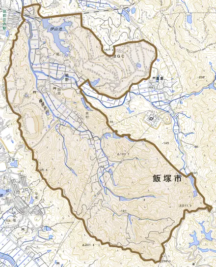 筒野とその周辺の地図。町の範囲を重ねている