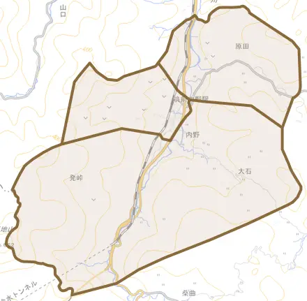 内野とその周辺の地図。町の範囲を重ねている
