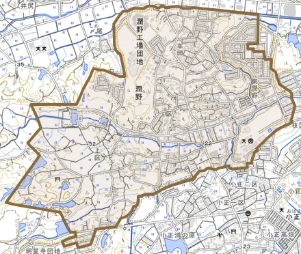 潤野とその周辺の地図。町の範囲を重ねている