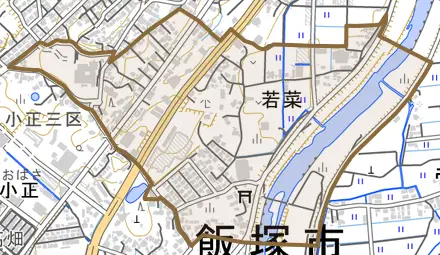 若菜とその周辺の地図。町の範囲を重ねている