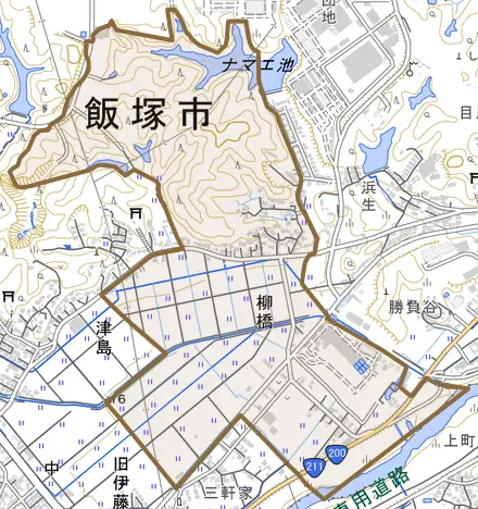 柳橋とその周辺の地図。町の範囲を重ねている