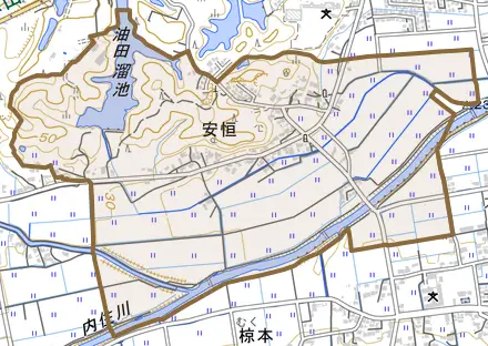 安恒とその周辺の地図。町の範囲を重ねている