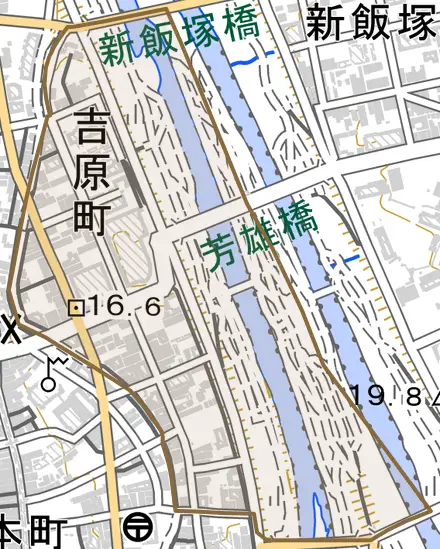 吉原町とその周辺の地図。町の範囲を重ねている