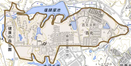 吉北とその周辺の地図。町の範囲を重ねている