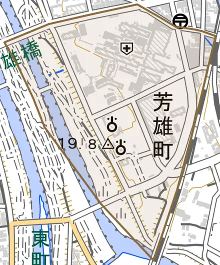 芳雄町とその周辺の地図。町の範囲を重ねている