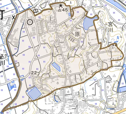 原とその周辺の地図。町の範囲を重ねている