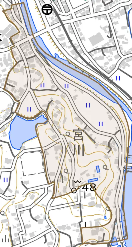宮川一とその周辺の地図。町の範囲を重ねている