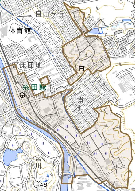 宮床とその周辺の地図。町の範囲を重ねている